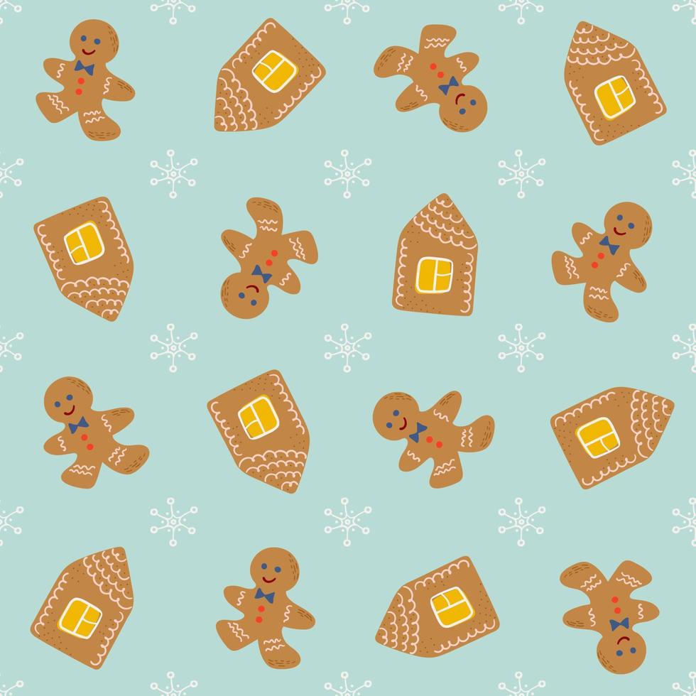 Cute winter pattern with gingerbread man and home and snowflakes. Cute Christmas and New Year print. Seasonal traditional pastry. Flat style hand drawn vector illustration.