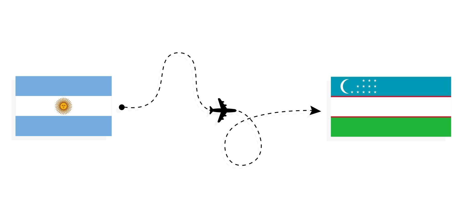 Flight and travel from Argentina to Uzbekistan by passenger airplane Travel concept vector