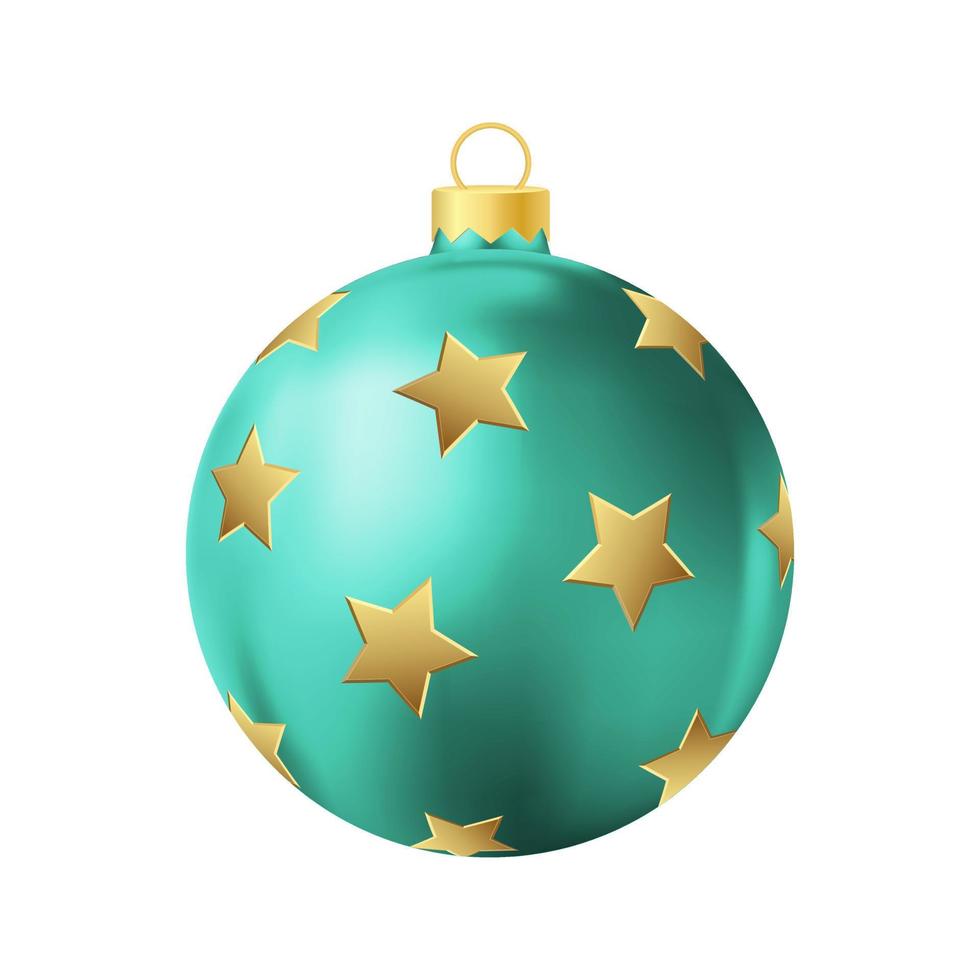 Turquoise Christmas tree toy with golden stars Realistic color illustration vector