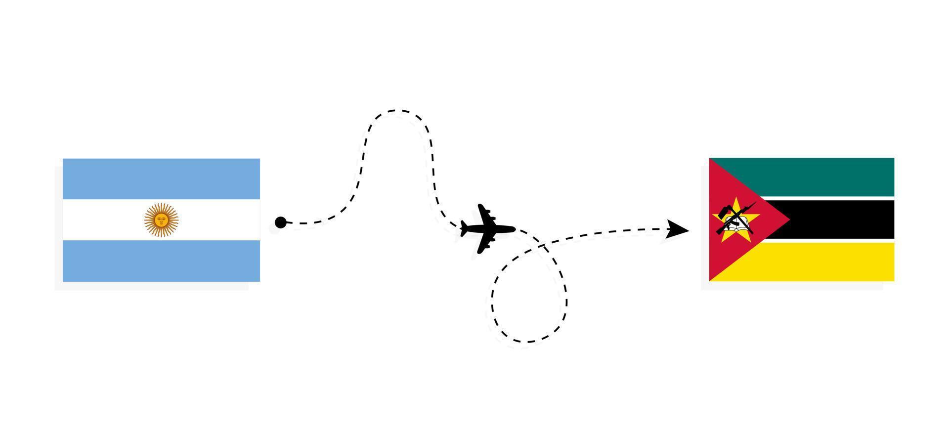 Flight and travel from Argentina to Mozambique by passenger airplane Travel concept vector