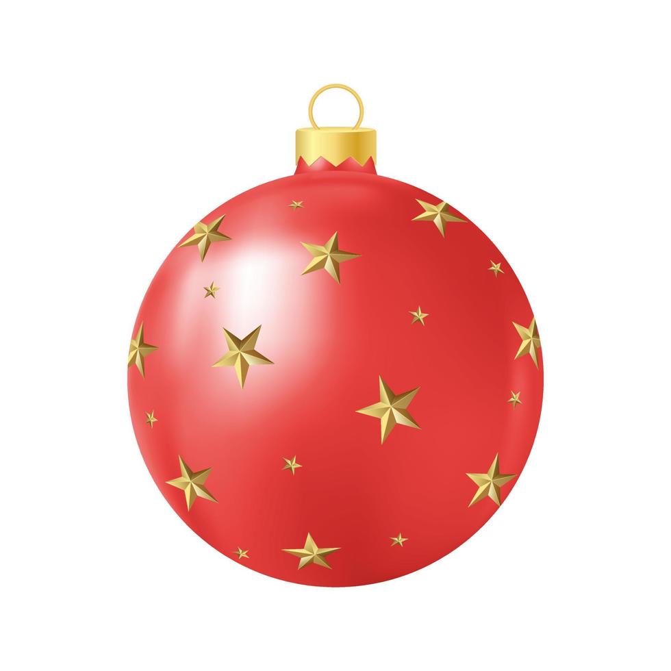 Red Christmas tree toy with golden stars Realistic color illustration vector