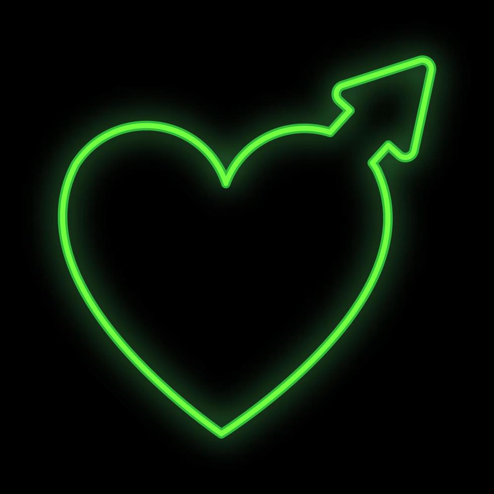 Bright luminous green festive digital neon sign for a store or card beautiful shiny with love hearts in the form of a male gender symbol on a black background. Vector illustration