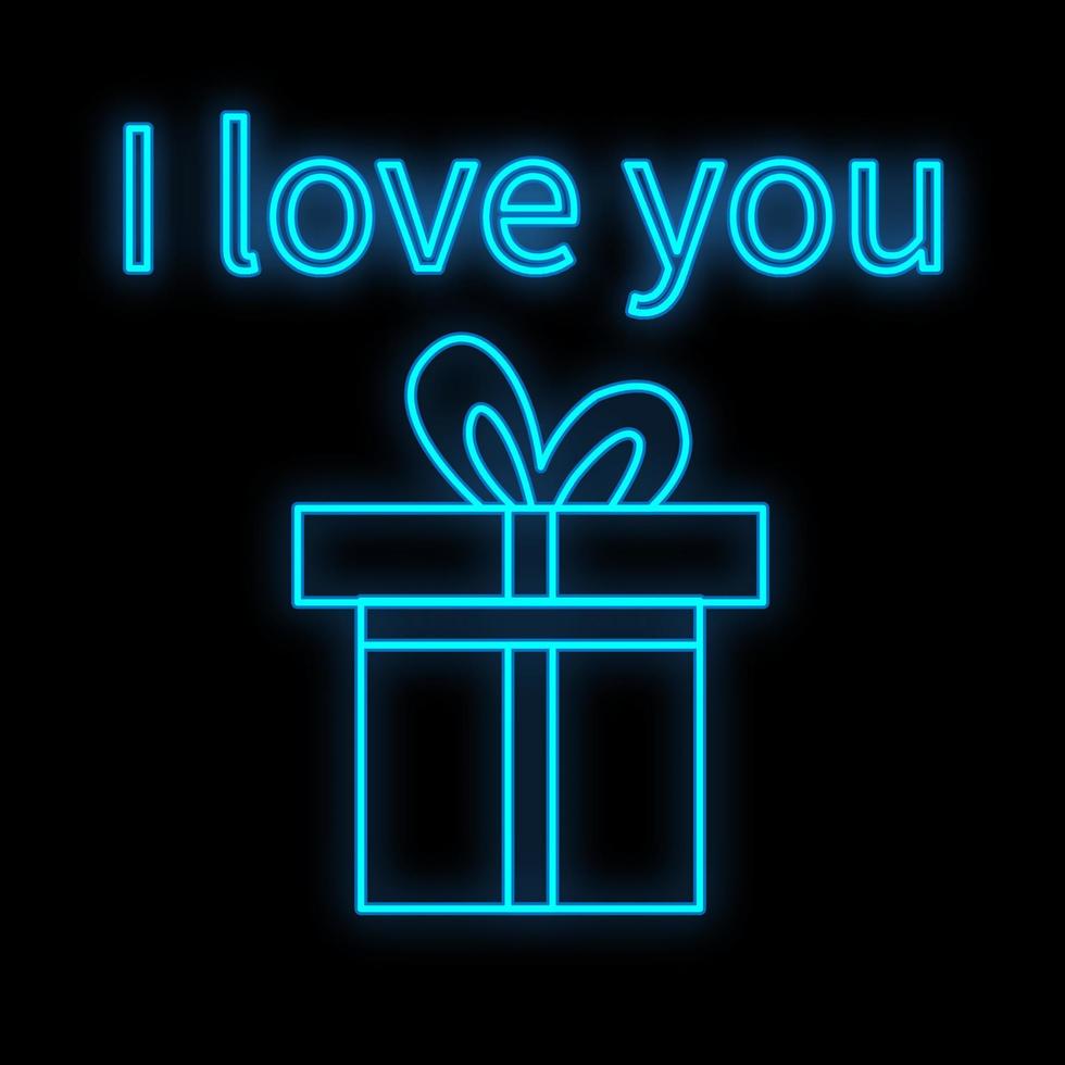 Bright luminous blue festive digital neon sign for a store or card beautiful shiny with a love gift box on a black background and the inscription I love you. Vector illustration