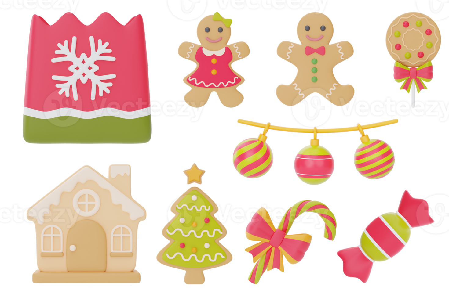 Christmas and New Year decorations collection. Set of 3d ornaments for christmas design isolated on white background.  3d rendering. png
