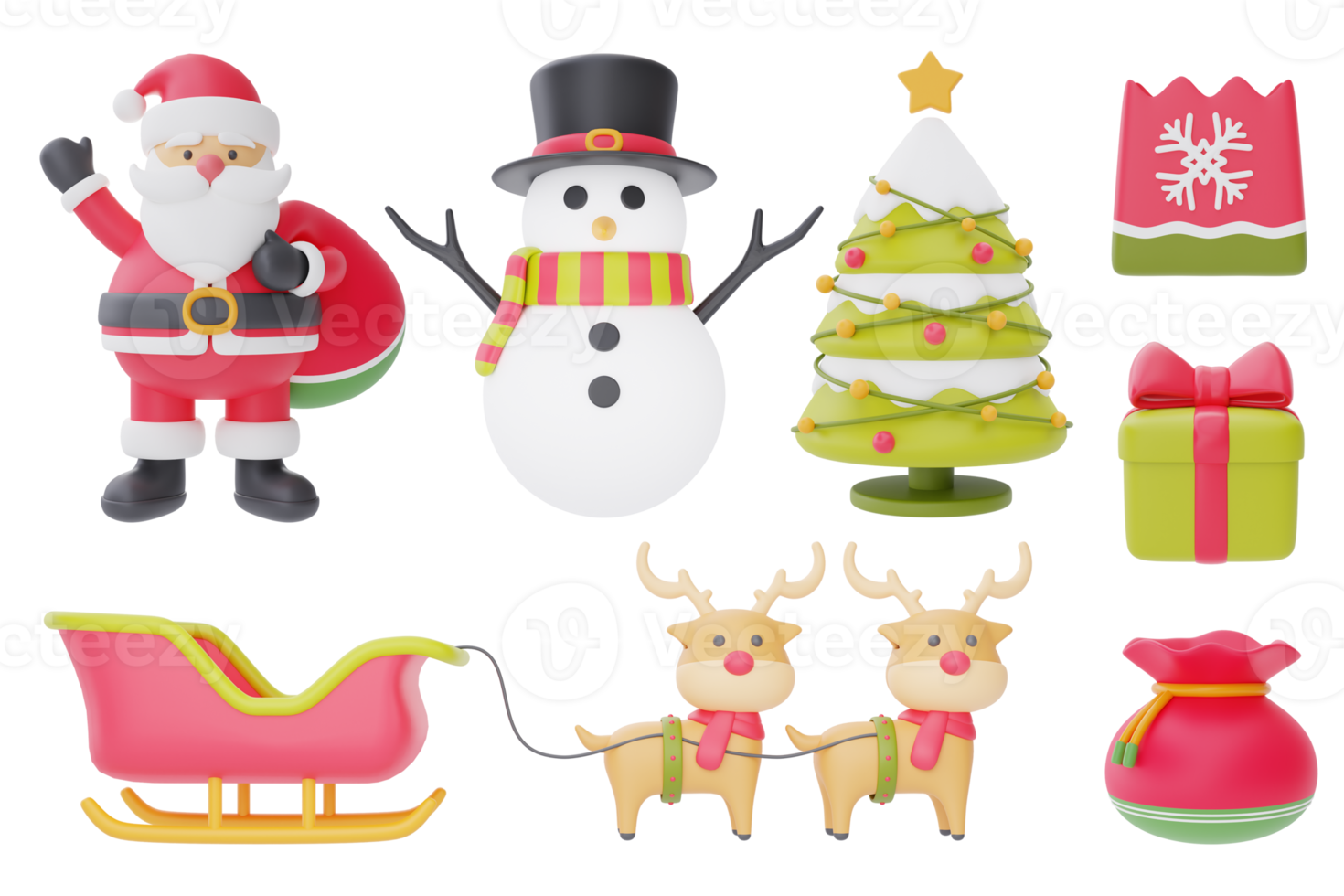 Christmas and New Year decorations collection. Set of 3d ornaments for christmas design isolated on white background.  3d rendering. png