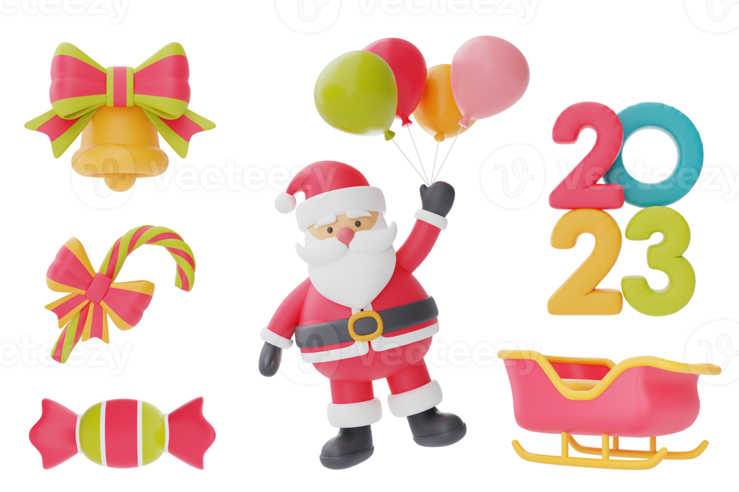 Christmas and New Year decorations collection. Set of 3d ornaments for christmas design isolated on white background.  3d rendering. png