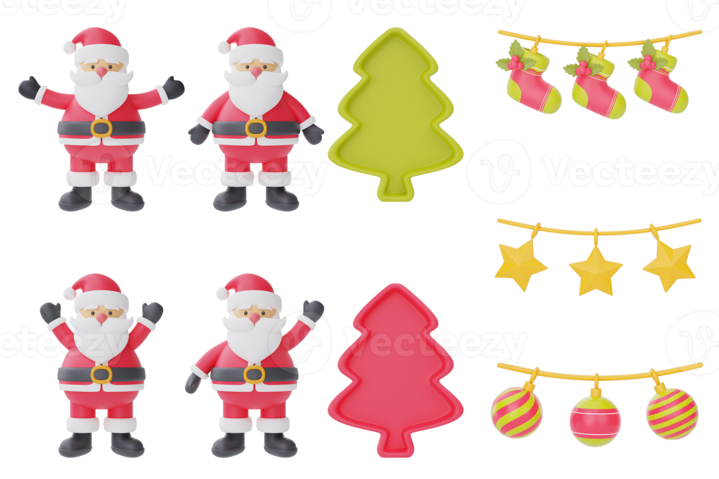 Christmas and New Year decorations collection. Set of 3d ornaments for christmas design isolated on white background.  3d rendering. png