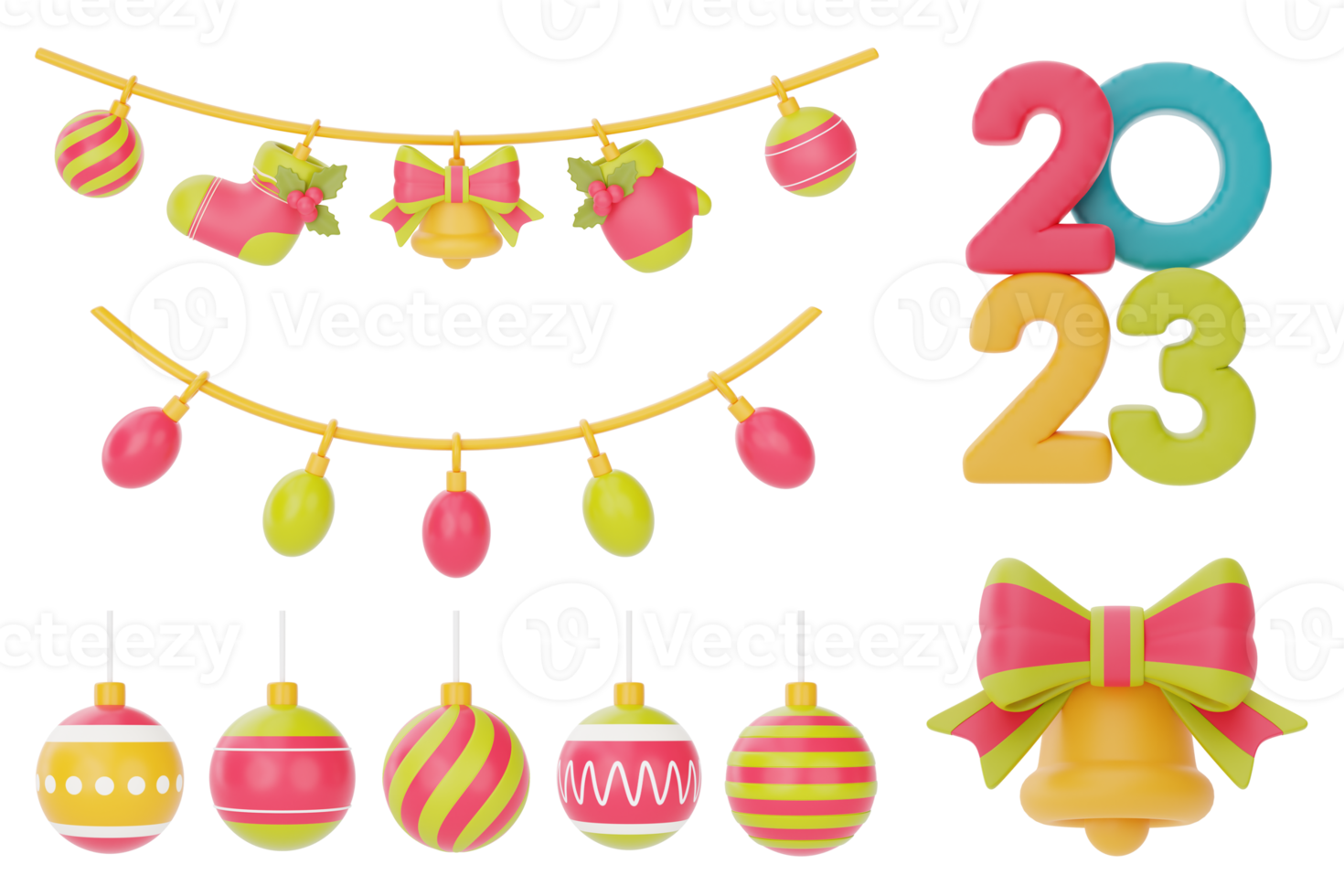 jul och ny år dekorationer samling. uppsättning av 3d ornament för jul design isolerat på vit bakgrund. 3d tolkning. png