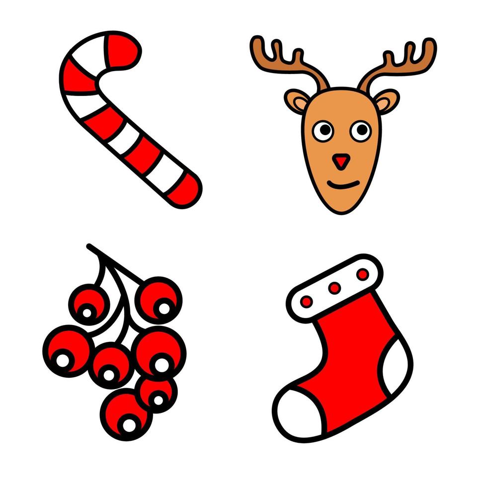 Christmas New Year symbols pine, gift, candy, deer, bell, toy, lettering, Holly berry, snow man, cane, mitten, bauble. Pattern, graphic vector