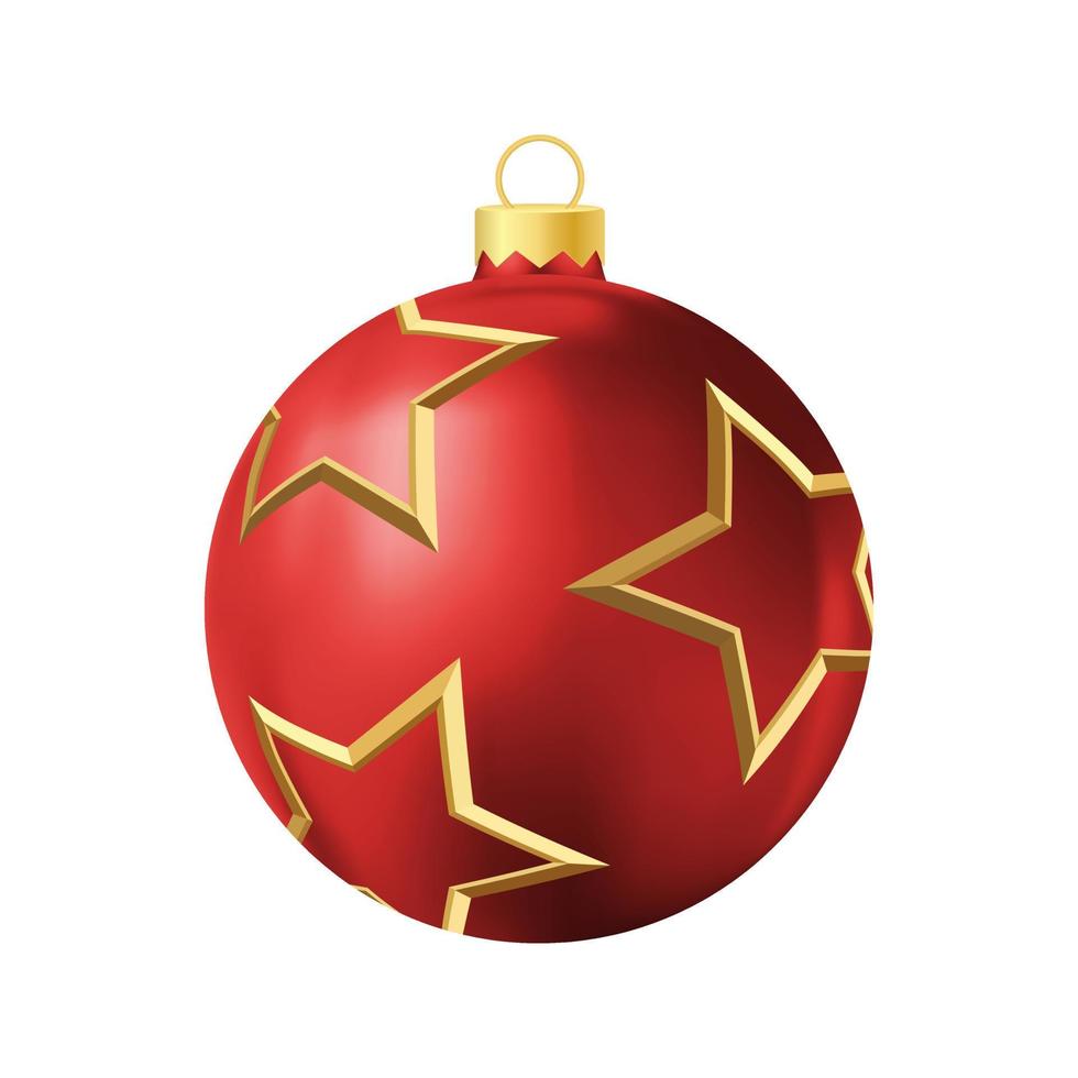 Red Christmas tree toy with golden stars Realistic color illustration vector