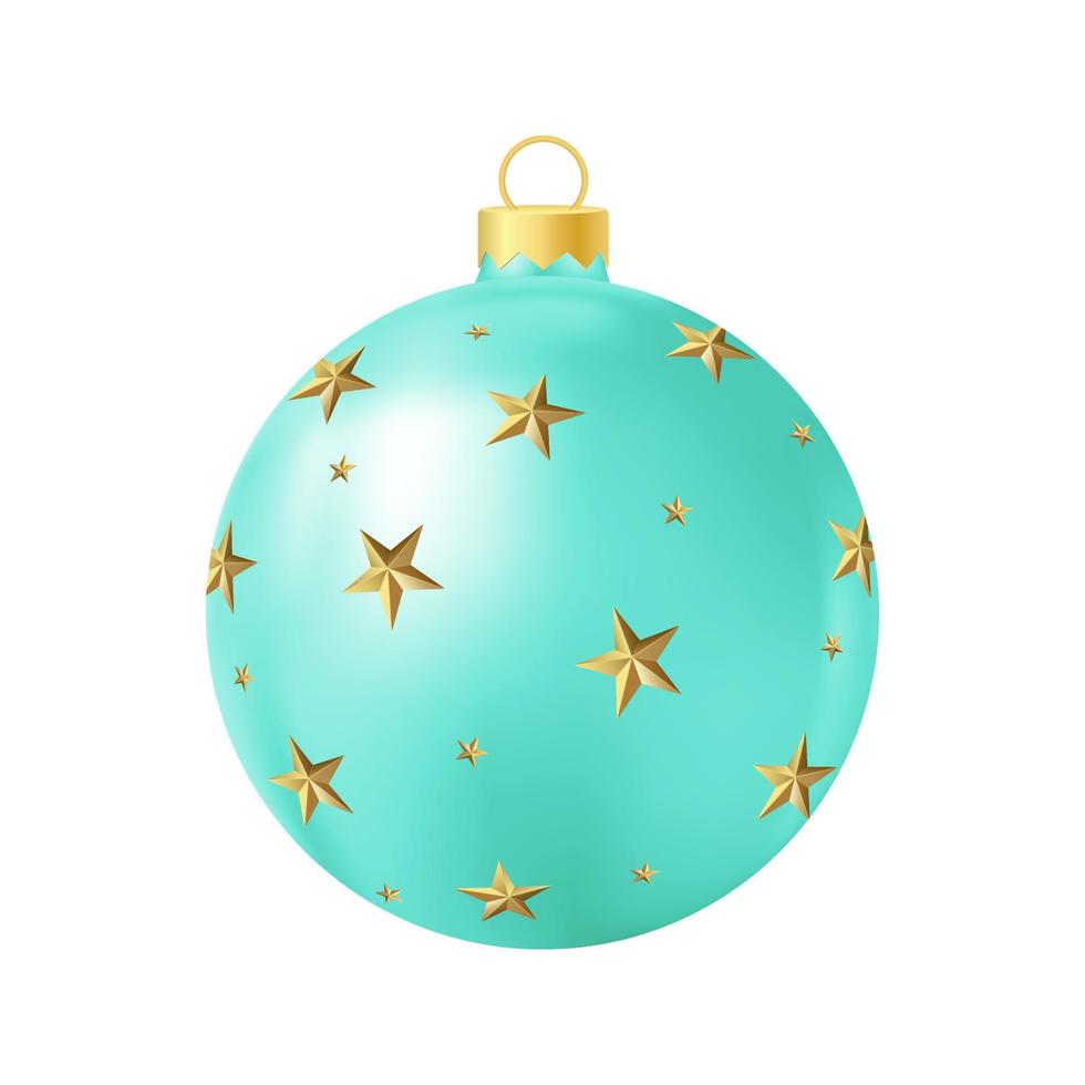 Turquoise Christmas tree toy with golden stars Realistic color illustration vector