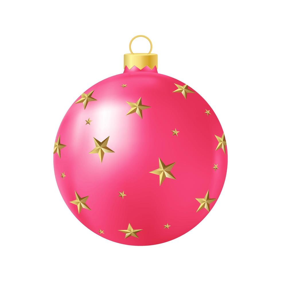Pink Christmas tree toy with golden stars Realistic color illustration vector