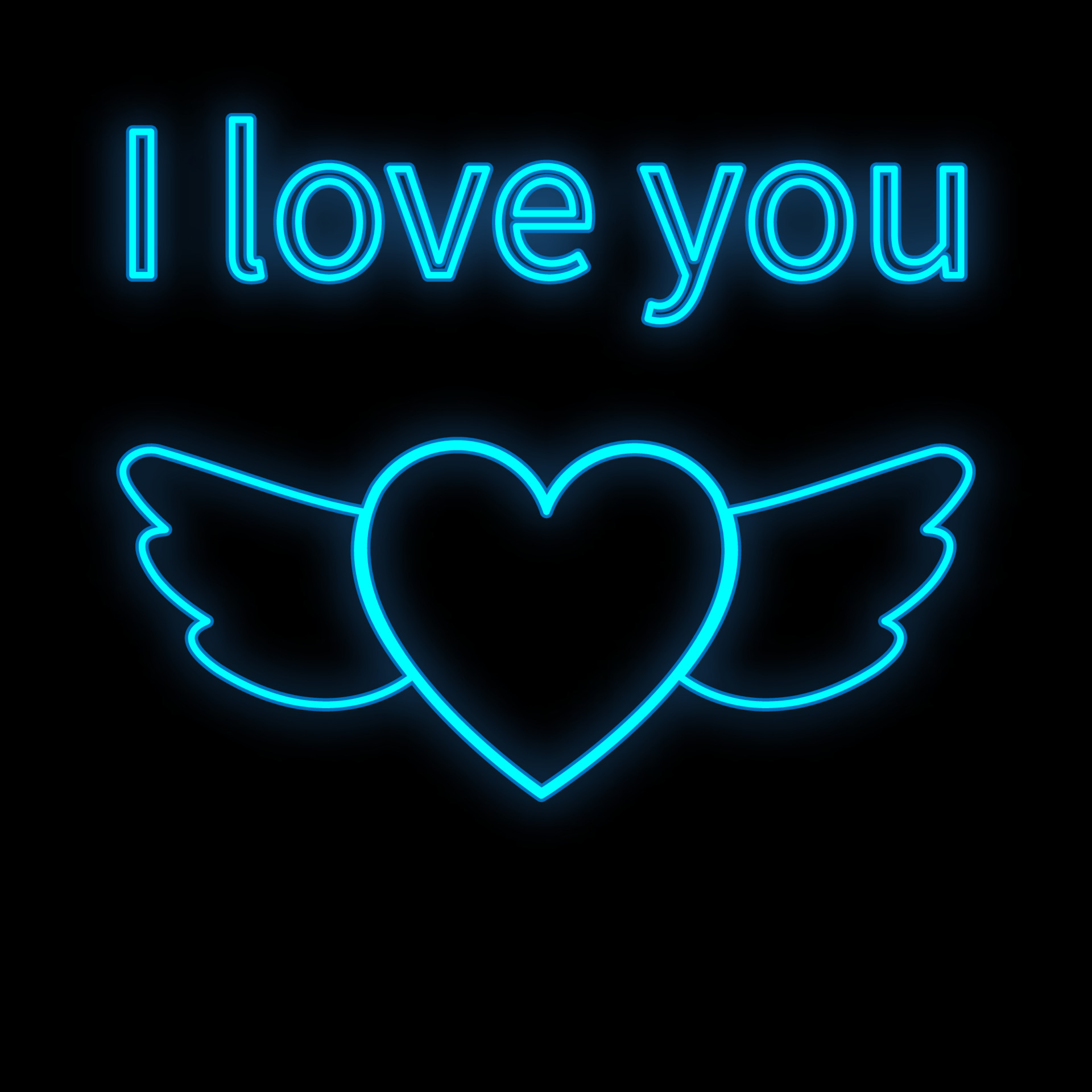 Bright luminous blue festive digital neon sign for a store or card beautiful  shiny with love wings with a heart on a black background with the  inscription I love you. Vector illustration