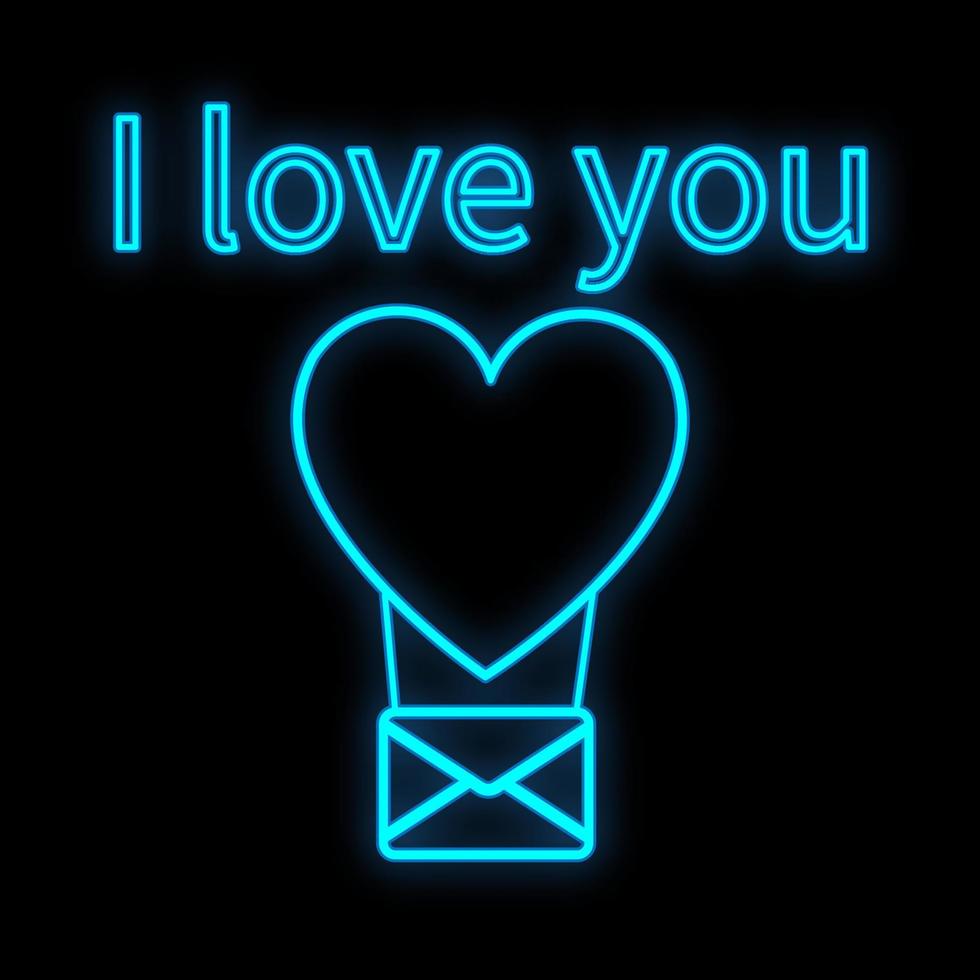 Bright luminous blue festive digital neon sign for a shop or workshop service center beautiful shiny with a love envelope in a heart-shaped balloon on a black background. Vector illustration