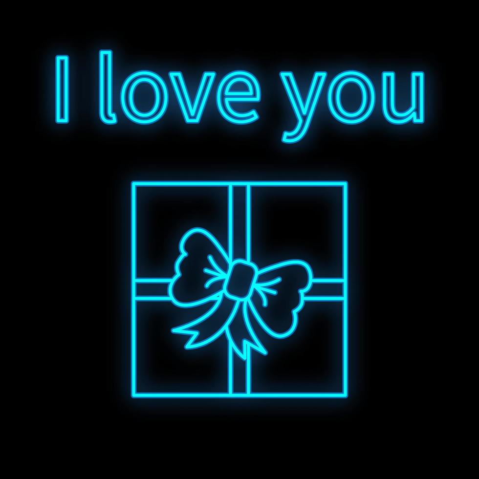 Bright luminous blue festive digital neon sign for a store or card beautiful shiny with a love gift box on a black background and the inscription I love you. Vector illustration
