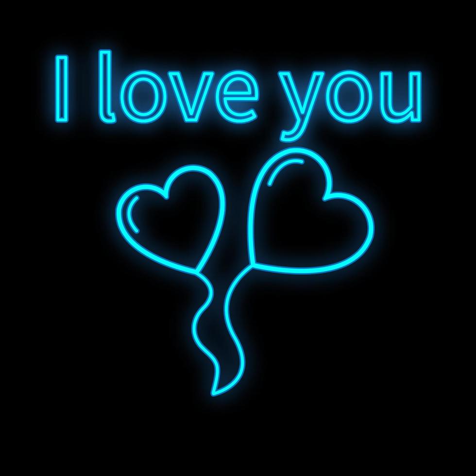 Bright luminous blue festive digital neon sign for a shop or workshop service center beautiful shiny with a love envelope in a heart-shaped balloon on a black background. Vector illustration