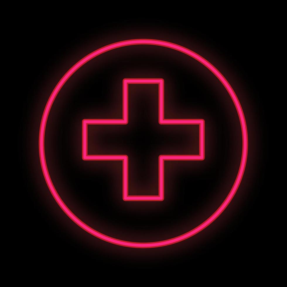Bright luminous red medical digital neon sign for a pharmacy or hospital store beautiful shiny with an ambulance sign with a cross on a black background. Vector illustration