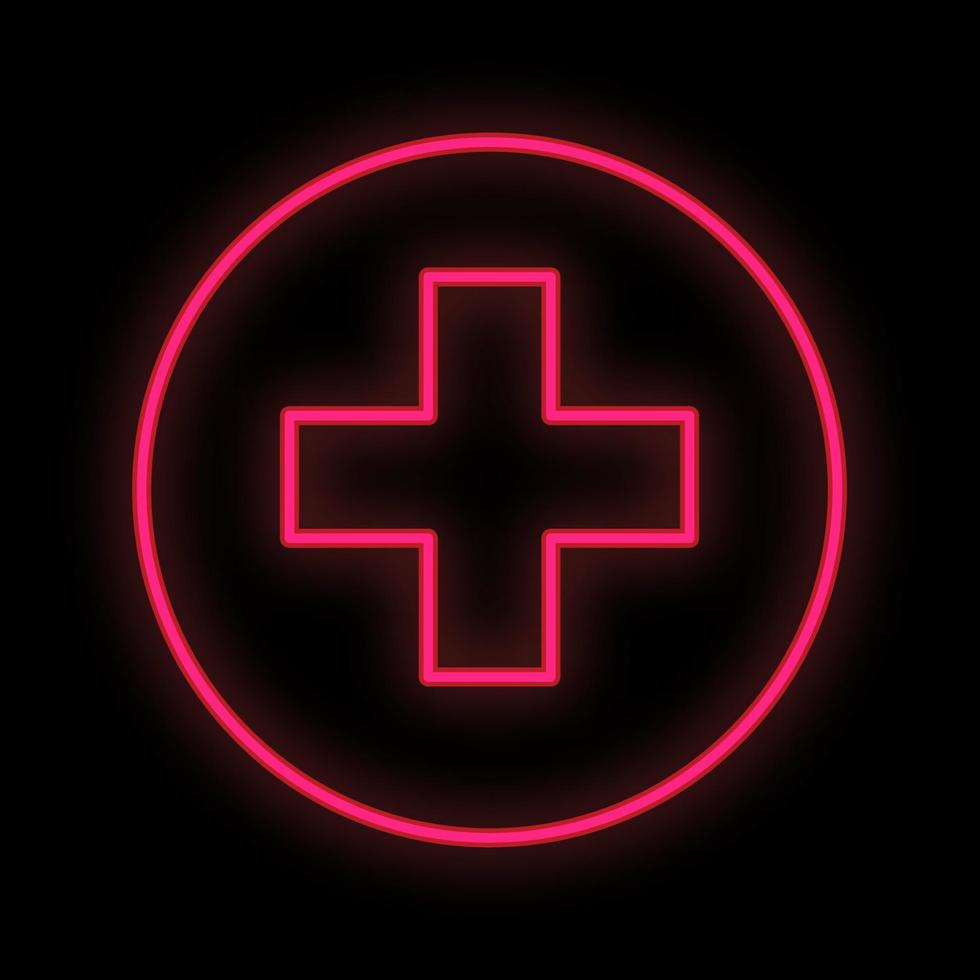 signo de neón digital médico rojo luminoso brillante para una farmacia o tienda de hospital hermoso brillante con un cartel de ambulancia con una cruz sobre un fondo negro. ilustración vectorial vector