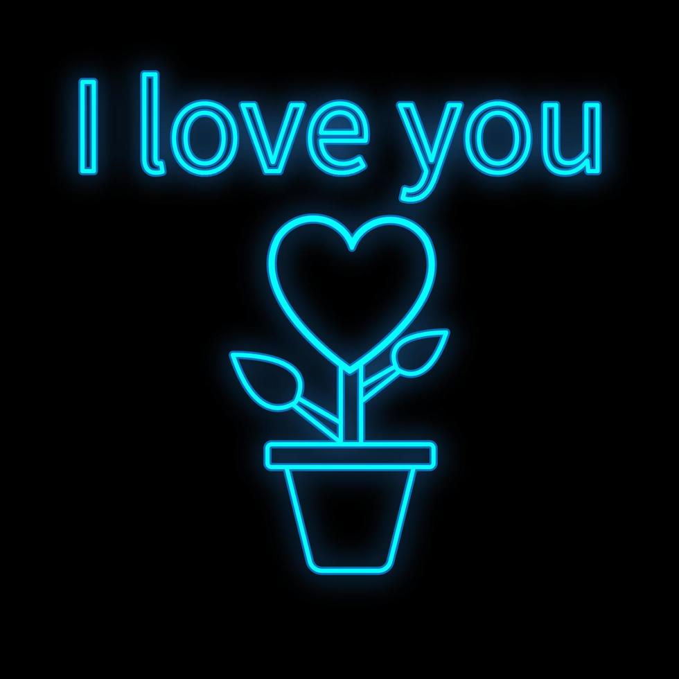 Bright luminous blue festive digital neon sign for a store or card beautiful shiny with a love flower with a heart in a pot and the inscription I love you on a black background. Vector illustration
