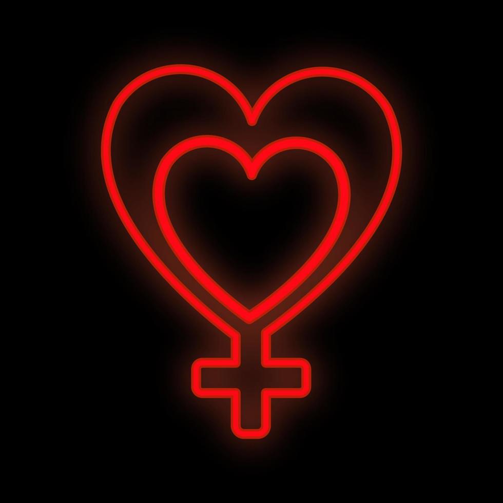 Bright luminous red festive digital neon sign for a store or card beautiful shiny with love hearts in the form of a female symbol on a black background. Vector illustration