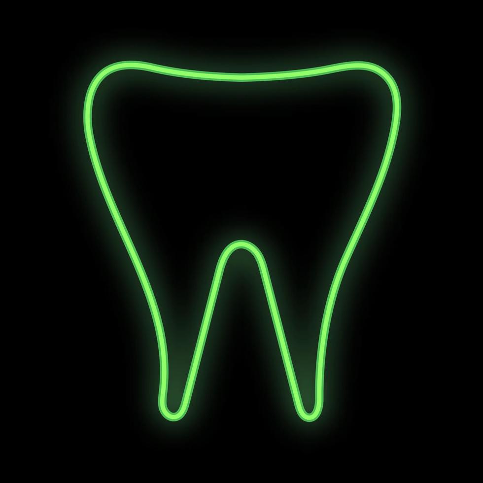 Bright luminous green medical digital neon sign for a pharmacy or hospital store beautiful shiny with a dental tooth on a black background. Vector illustration