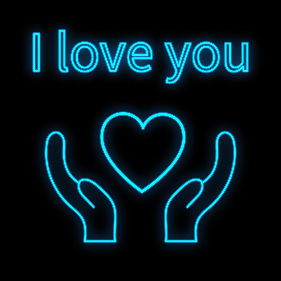 Bright luminous blue festive digital neon sign for a store or card beautiful shiny with love hands with a heart and the inscription I love you on a black background. Vector illustration