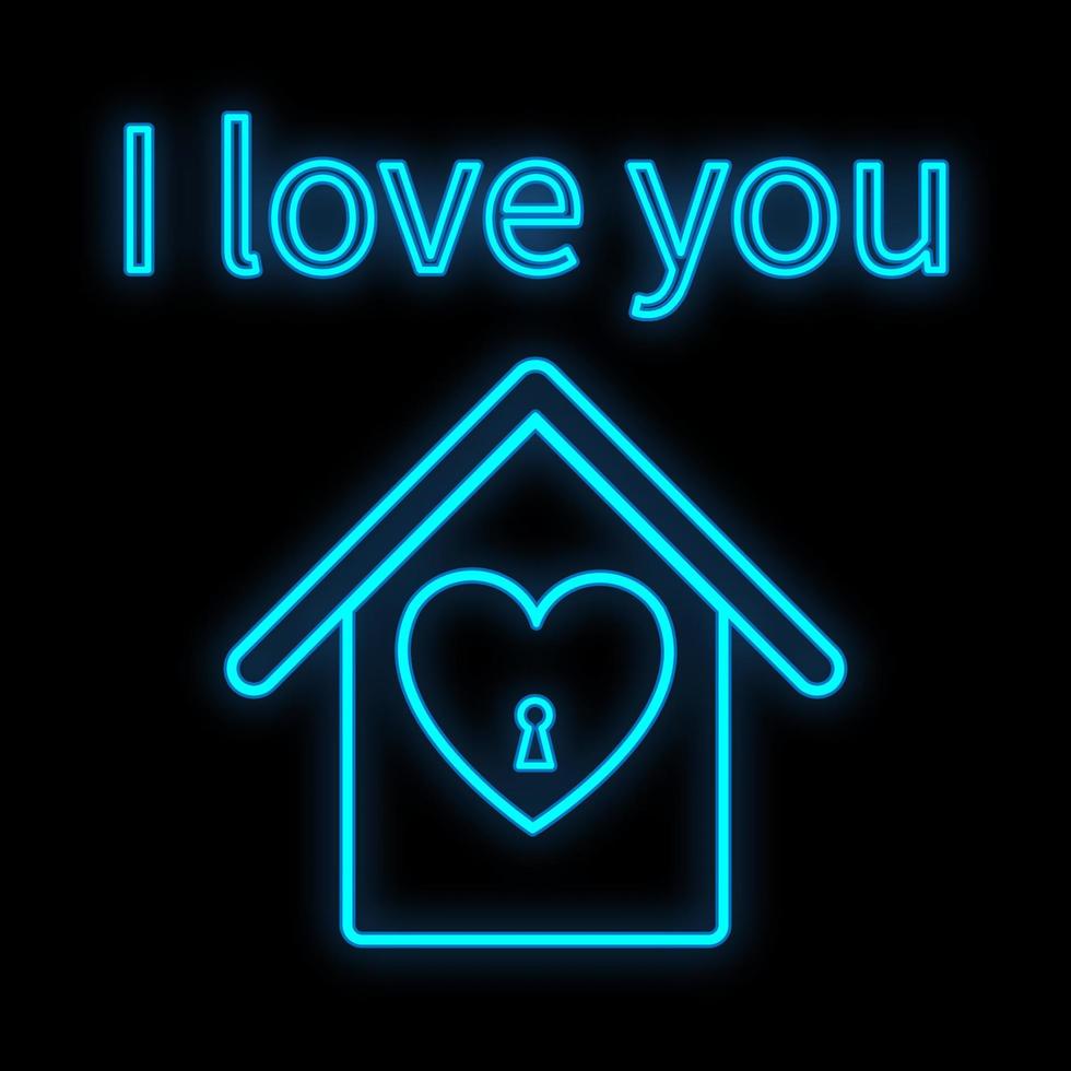 Bright luminous blue festive digital neon sign for a store or card beautiful shiny with a love house with a heart on a black background and the inscription I love you. Vector illustration