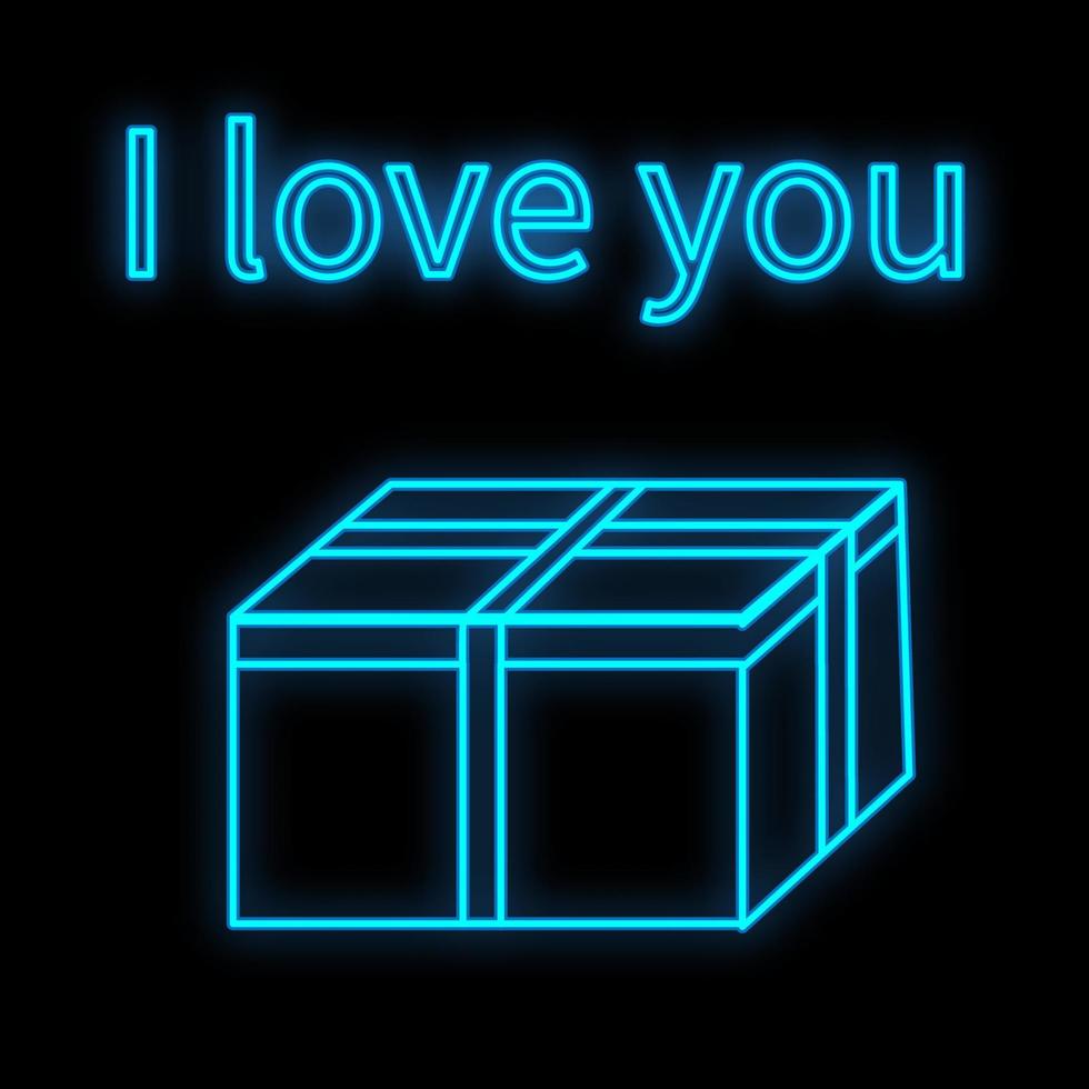 Bright luminous blue festive digital neon sign for a store or card beautiful shiny with a love gift box on a black background and the inscription I love you. Vector illustration