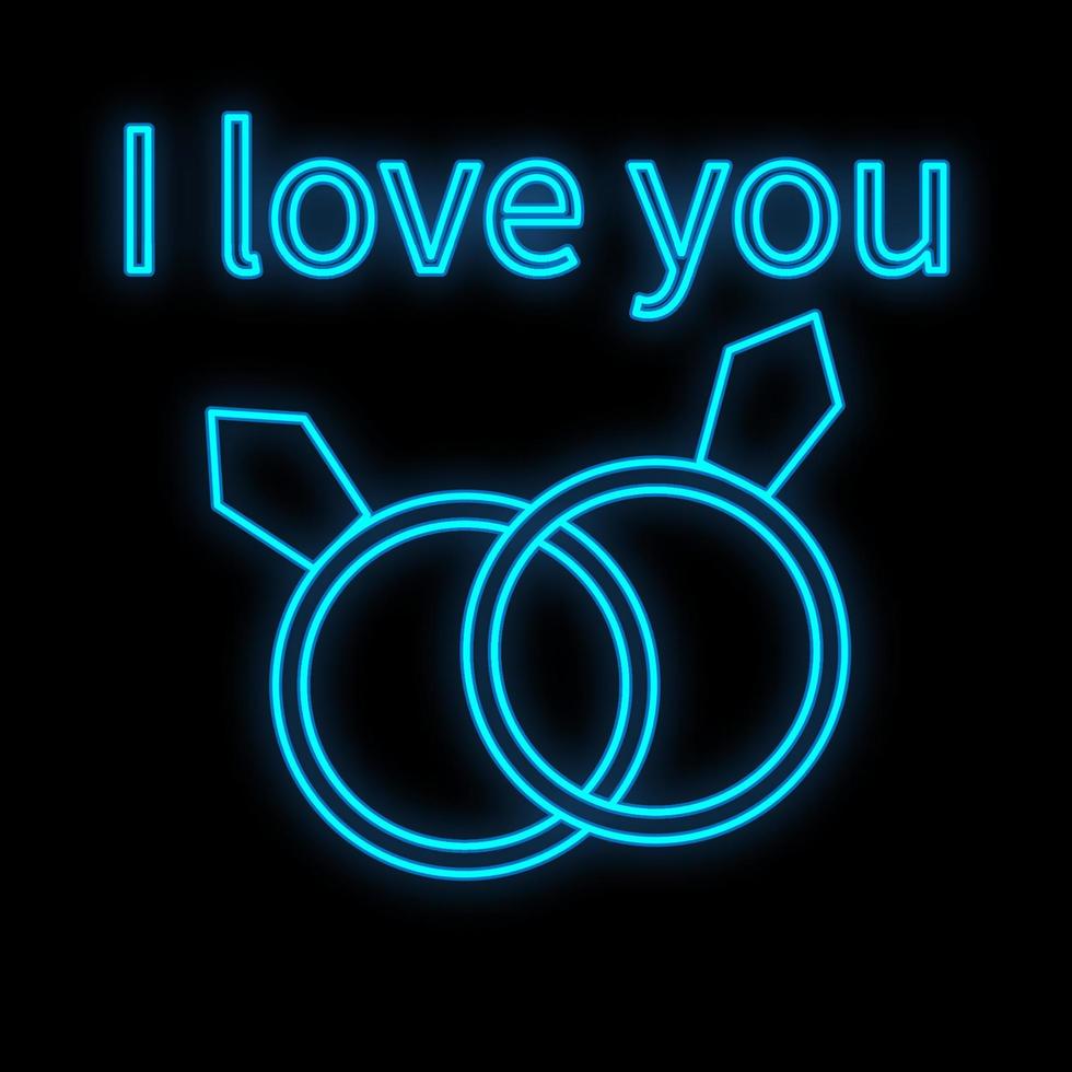 Bright luminous blue festive digital neon sign for a store or card beautiful shiny with love engagement jewelry rings with the inscription I love you on a black background. Vector illustration