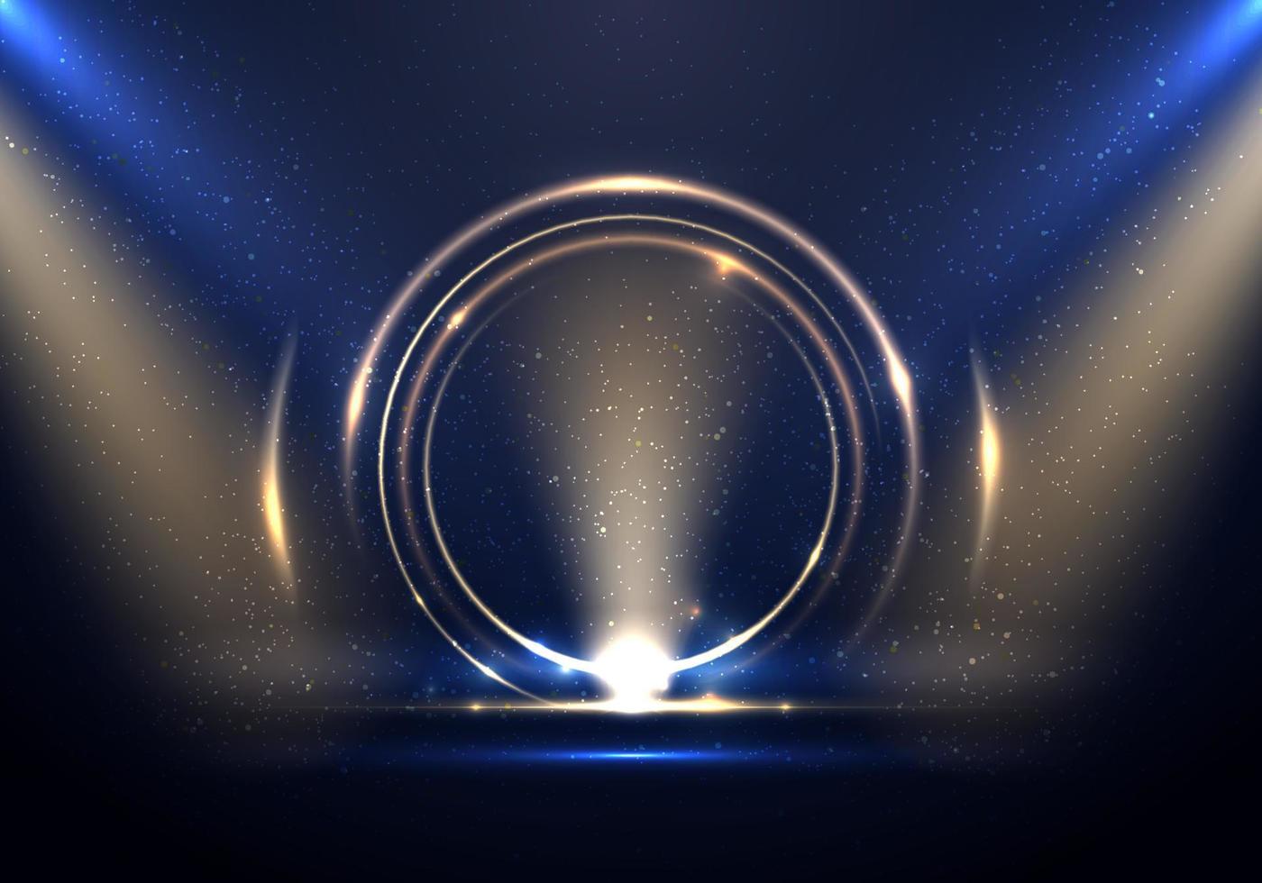 Abstract golden ring circles lighting effect backdrop with spotlight on blue stage background vector