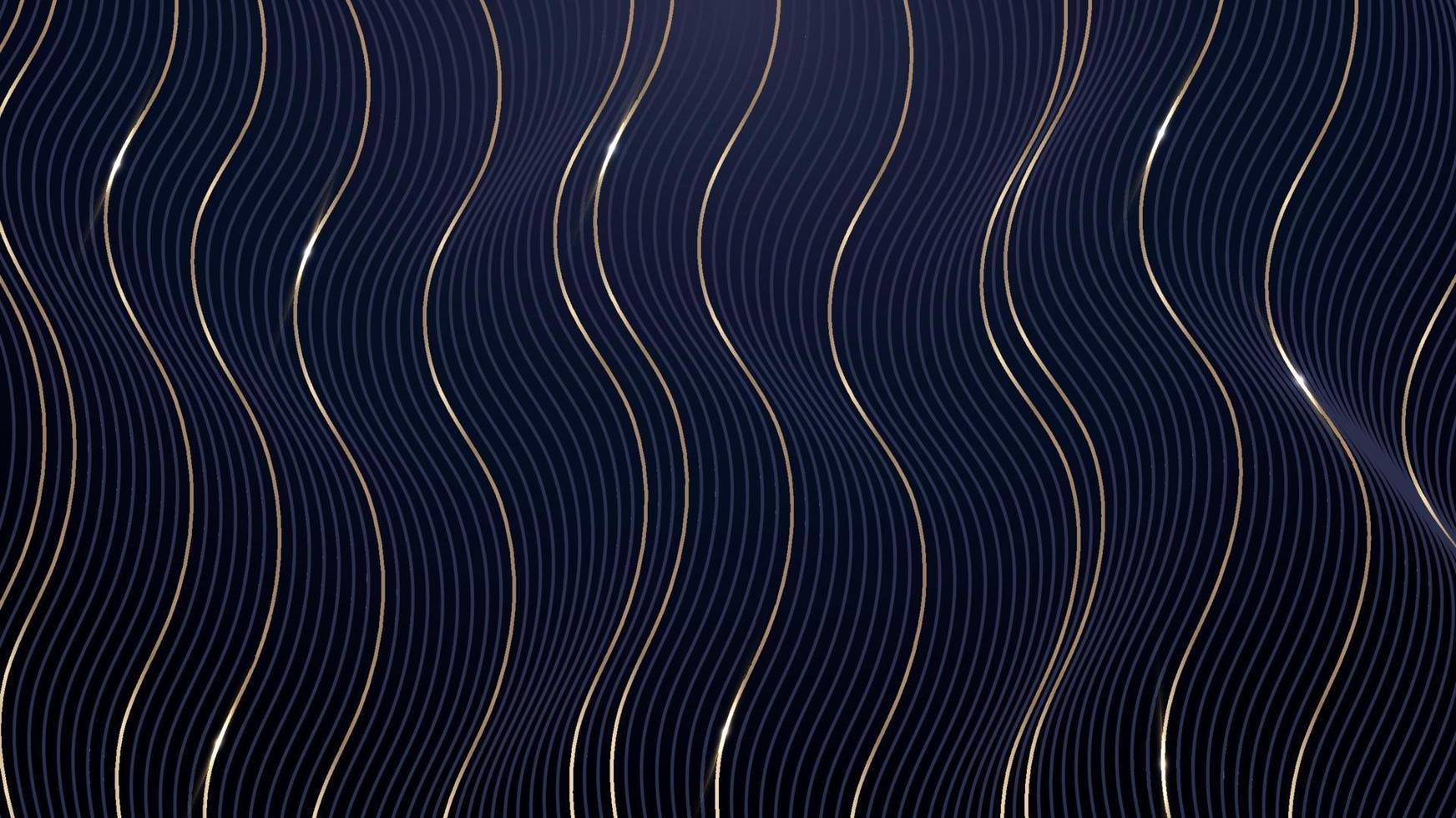 Abstract 3D dynamic wavy blue and gold vertical lines effect pattern on dark blue background luxury style vector
