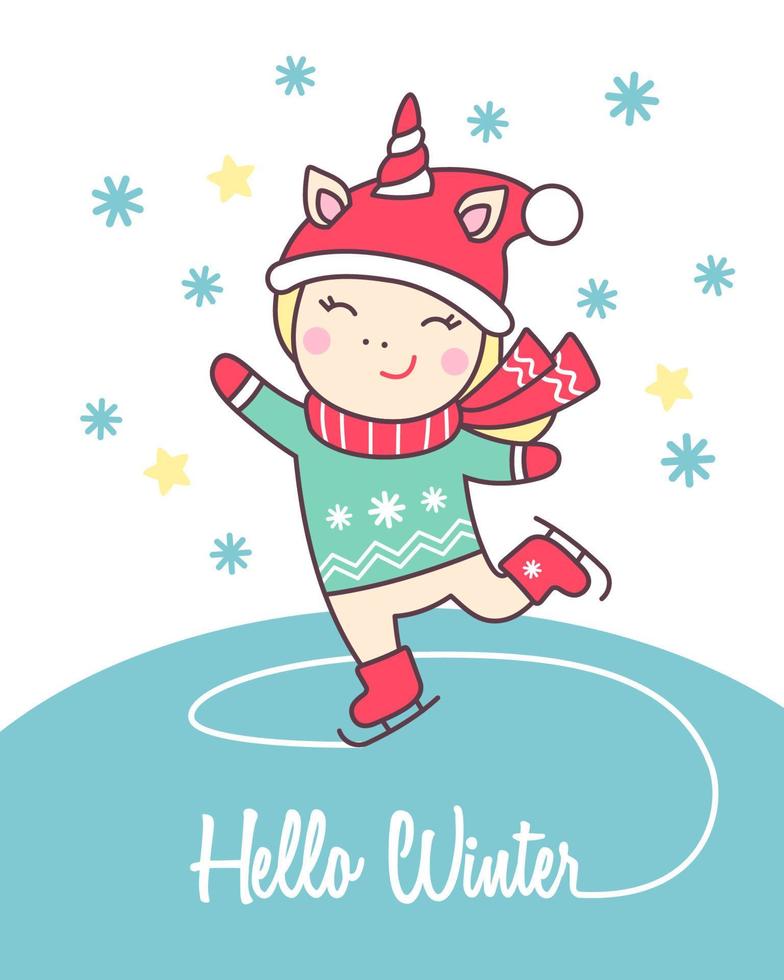 Greeting holiday card with cute Unicorn ice skating for Merry Christmas and New Year. Vector illustration.