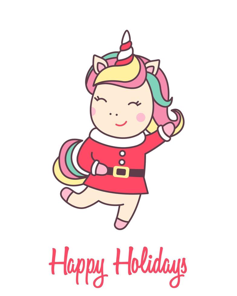 Greeting holiday card with cute Unicorn in Santa Claus costume for Merry Christmas and New Year design isolated on white background. Vector illustration.