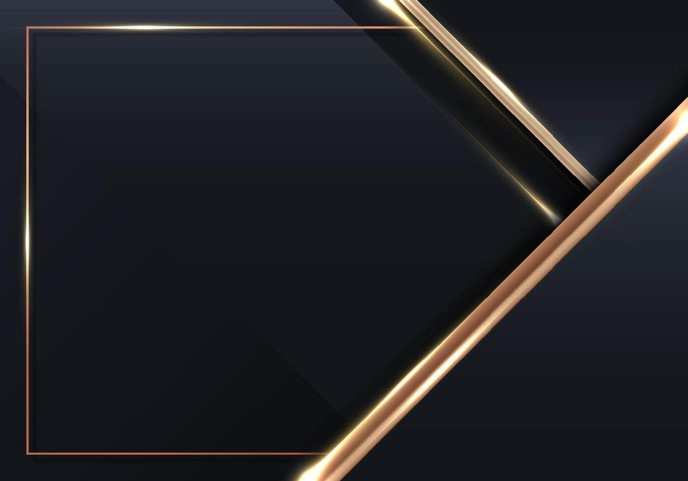 Abstract 3D black and golden stripes triangles shapes with shiny gold frame lines lighting effect on dark background template luxury style vector