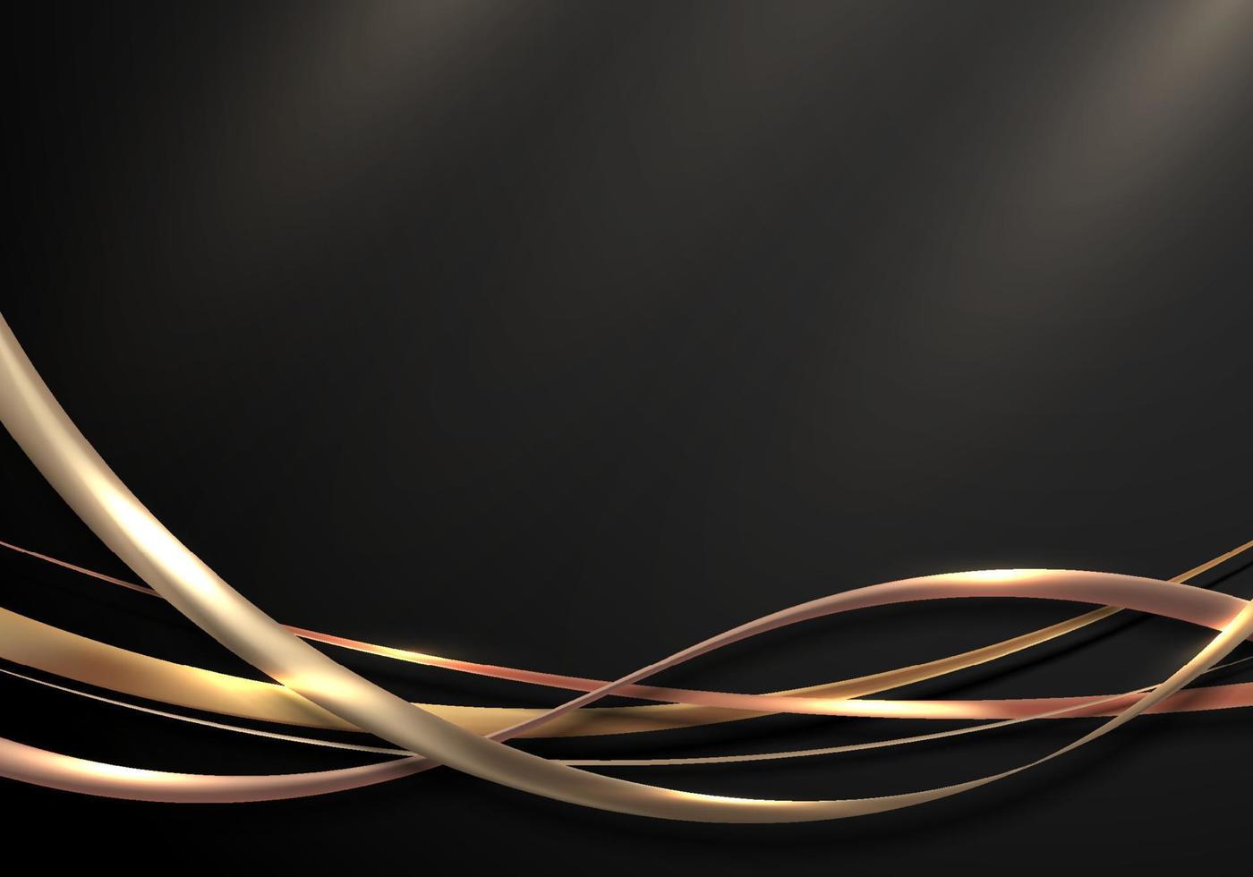 Abstract elegant 3D realistic golden ribbon lines elements decoration lighting effect on black background luxury style vector