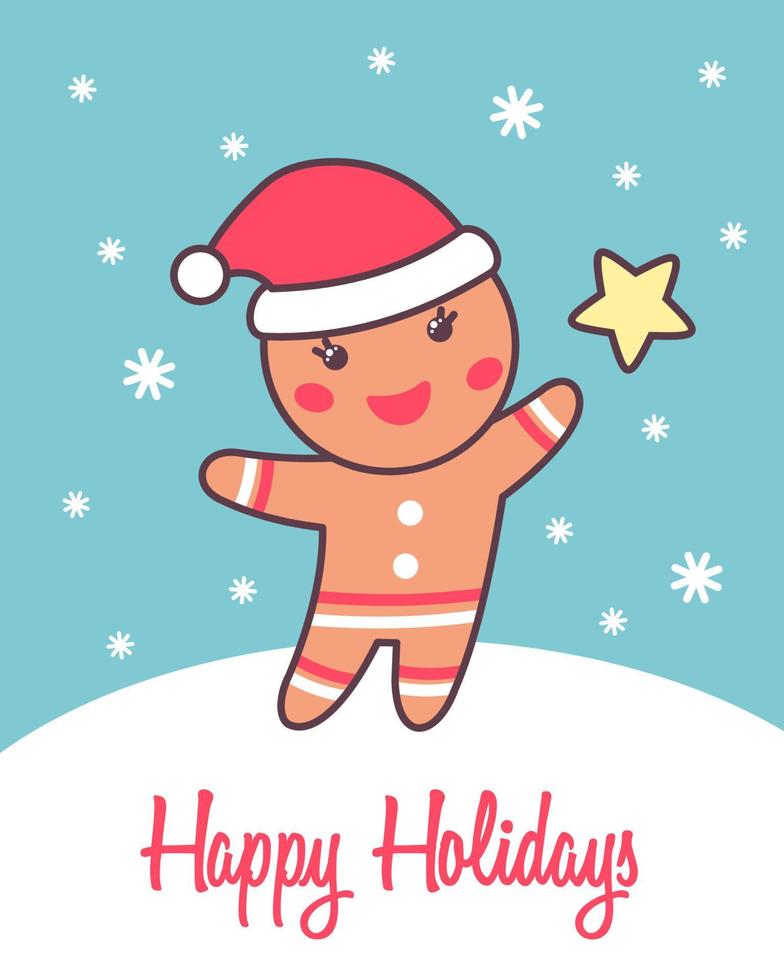 Greeting holiday card with cute gingerbread man in Santa Claus hat for Merry Christmas and New Year design isolated on white background. Vector illustration.