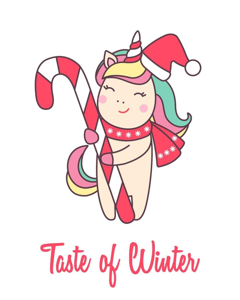 Greeting holiday card with cute Unicorn in Santa Claus hat with candy cane for Merry Christmas and New Year design isolated on white background. Vector illustration.