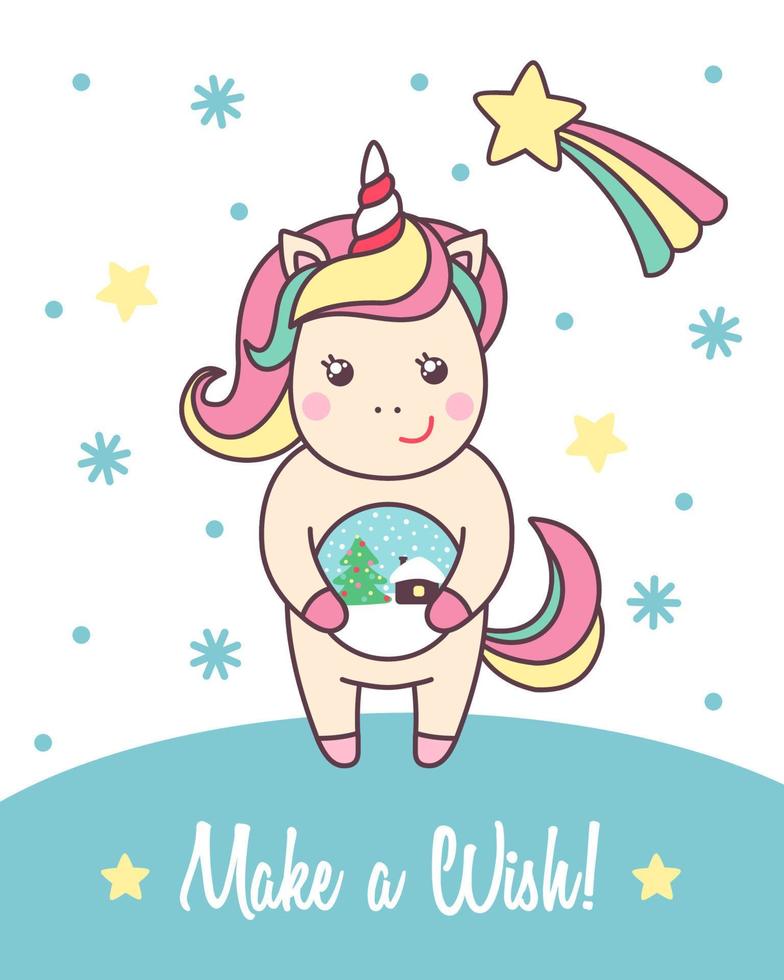 Greeting holiday card with cute Unicorn with glass snow globe for Merry Christmas and New Year design. Vector illustration.