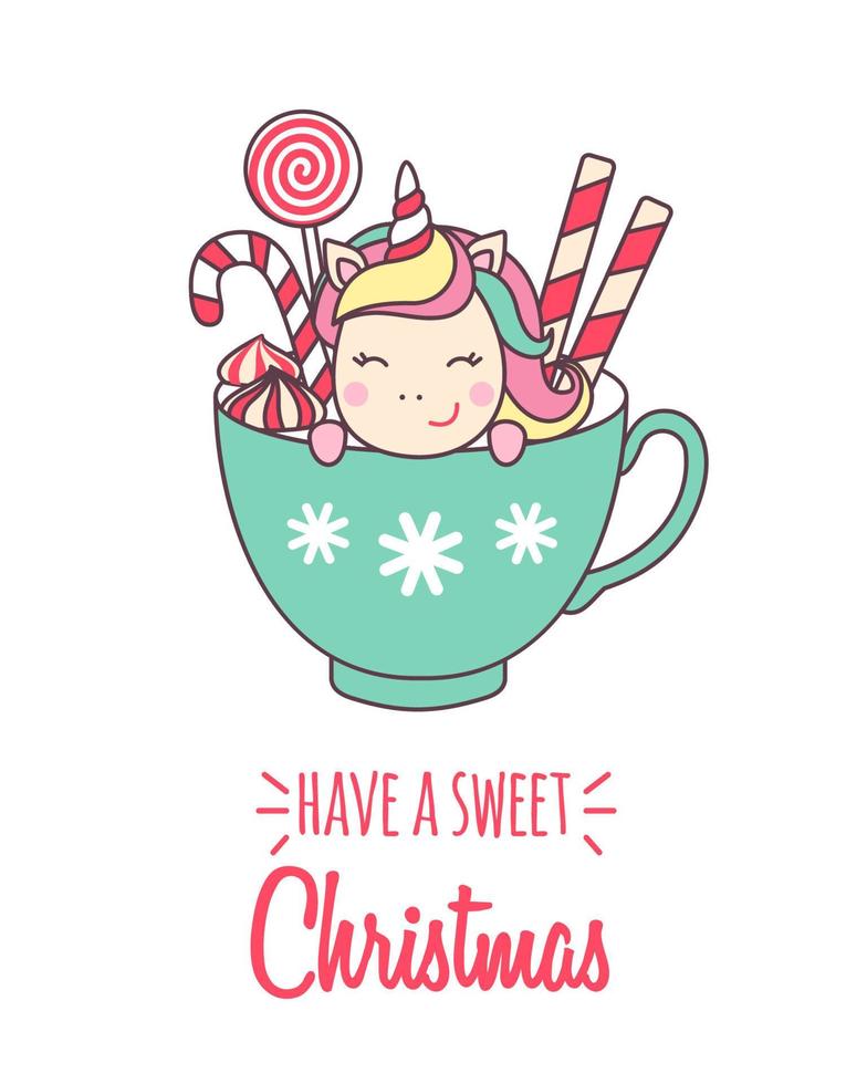 Greeting holiday card with cute Unicorn in cup with lollipops and candy cane for Merry Christmas and New Year design isolated on white background. Vector illustration.
