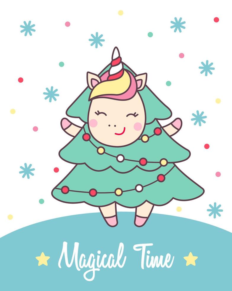 Greeting card with cute Unicorn in Christmas tree costume with lights for holiday design. Vector illustration.