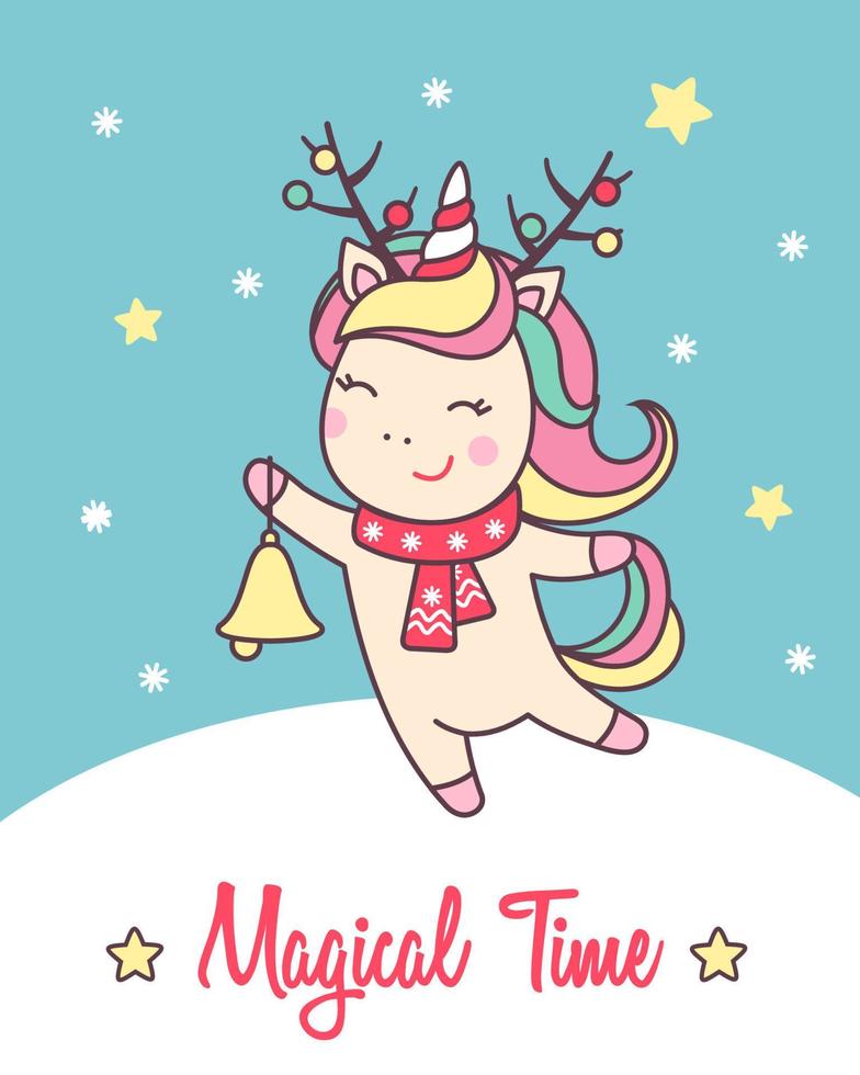 Greeting holiday card with cute Unicorn with deer horns and jingle bell for Merry Christmas and New Year design. Vector illustration.