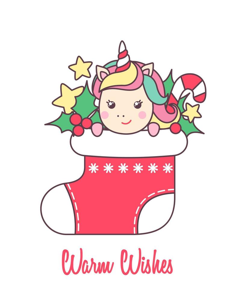 Greeting card with cute Unicorn in red Christmas sock for holiday design isolated on white background. Vector illustration.