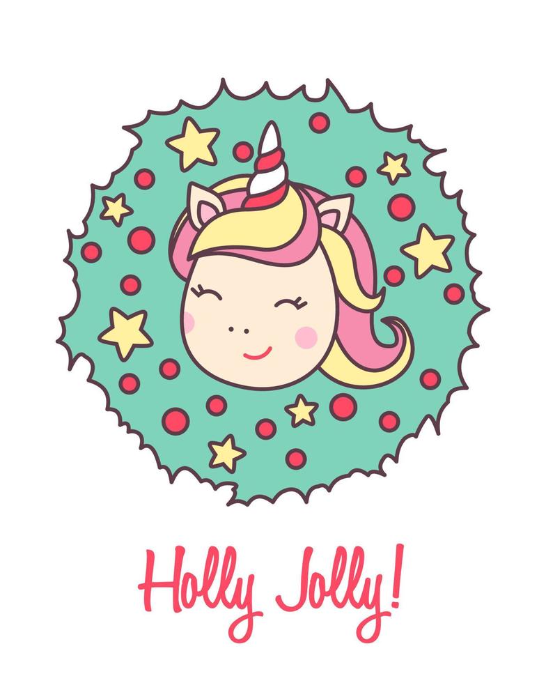 Greeting holiday card with cute Unicorn head with Christmas wreath for Merry Christmas and New Year isolated on white background. Vector illustration.