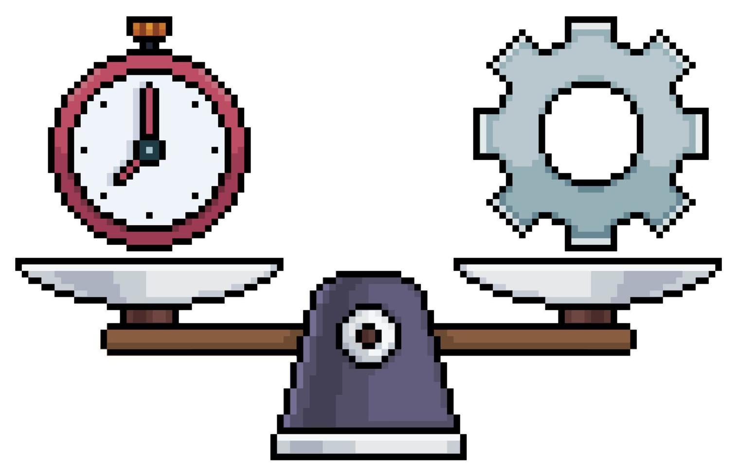 Pixel art scales with clock and gear vector icon for 8bit game on white background