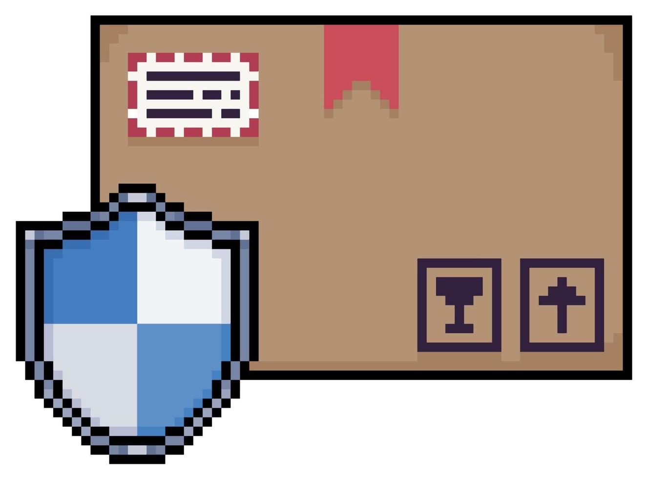 caja de pedido de pixel art con escudo. orden segura, icono de vector de caja de paquete para juego de 8 bits sobre fondo blanco