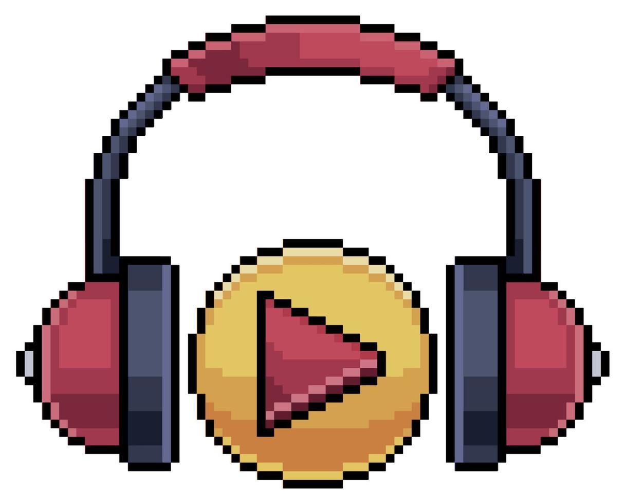 Pixel art headphone with play icon, headset vector icon for 8bit game on white background