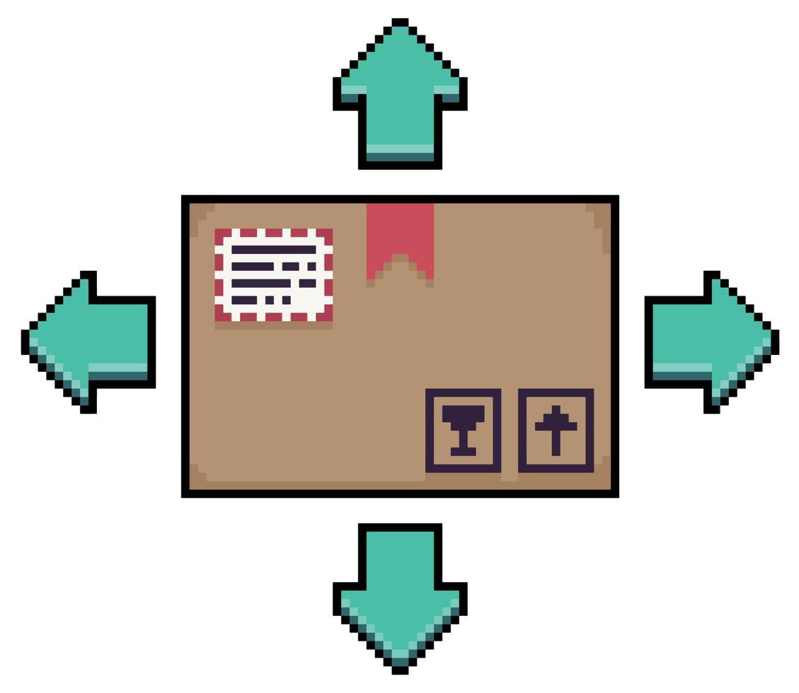 paquete de paquetes de pixel art con icono de flechas, distribución de paquetes, icono de vector de caja de cartón para juego de 8 bits en fondo blanco