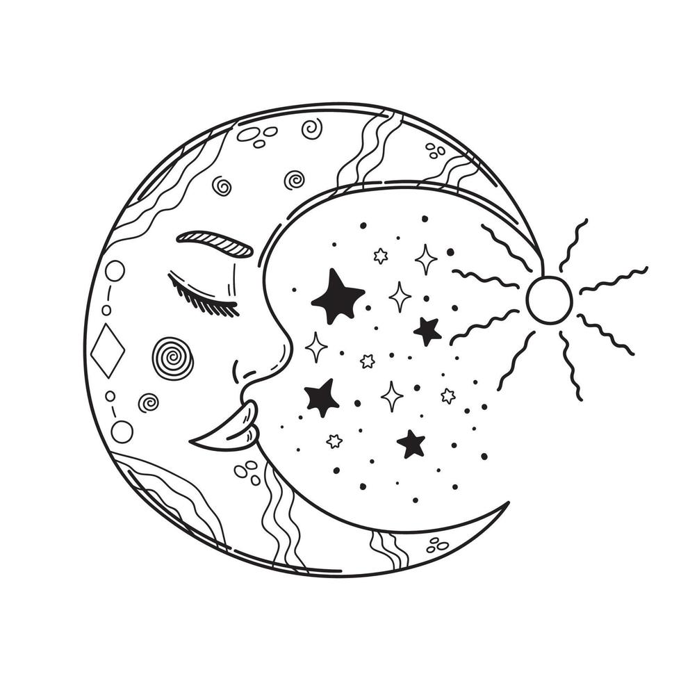 luna creciente mágica con cara y ojos cerrados para tarot, astrología, magia. ilustración vectorial esotérica aislada sobre fondo blanco. vector