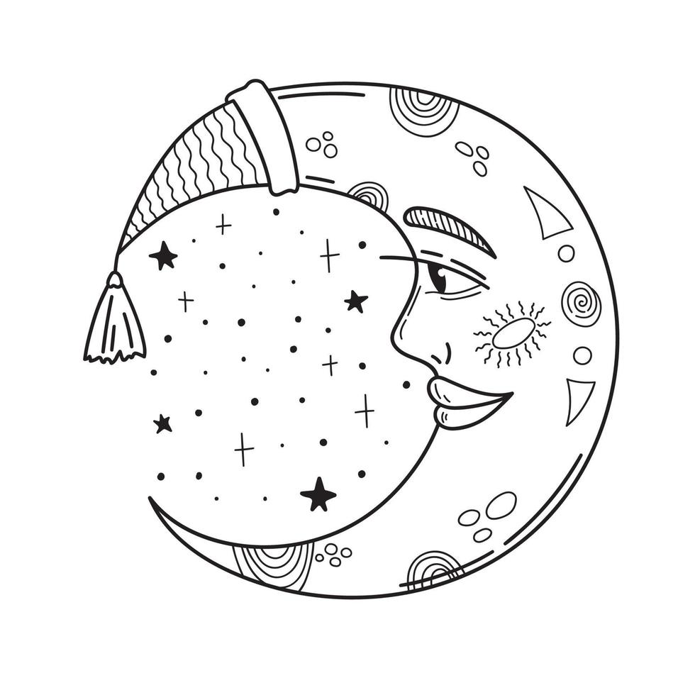 Magic crescent moon with a face and sleep hat for tarot, astrology, magic. Esoteric vector illustration isolated on white background.