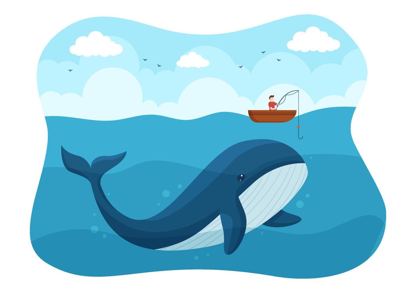 Whale Hunting with Whales Caught by Fisherman in the Middle of the Deep Sea for Sale in Hand Drawn Flat Cartoon Templates Illustration vector